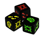 The three types of dice from Zombie dice