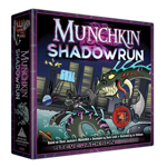 Munchkin Shadowrun Box Cover.  The cover features a Munchkin flying away from a city in a spaceship and dodging a sea serpent.