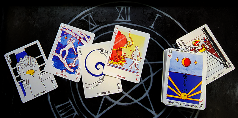 A spread of divination cards from the Sunset Oracle.